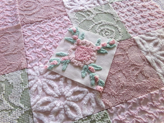 Grandmother's Garden Chenille Fabric Squares, Assorted Set of 17 Quilt Blocks Cut from Vintage Chenille Bedspreads, 6" x 6" inch