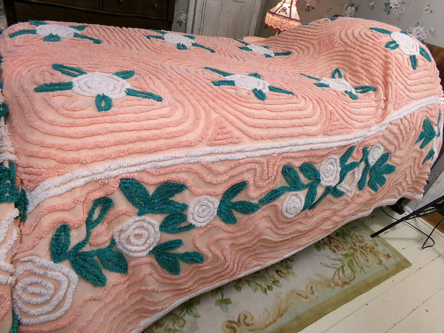 white roses in autumn vintage chenille bedspread, lovely peach glow cotton full size shabby chic bedding