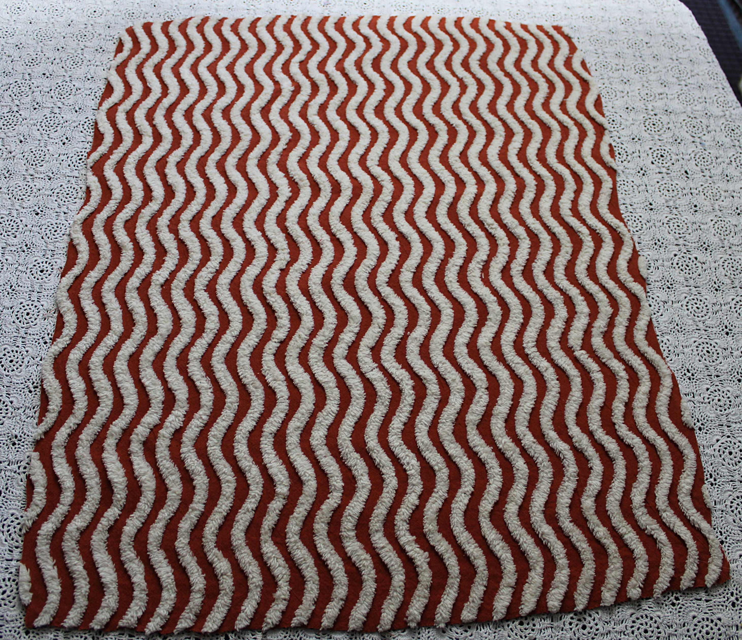 Rich Rust & White Ripple Stripes Vintage Chenille Fabric, 18" x 24" inch Piece, Great for Boho Quilts, DIY Pillows, Junk Journals