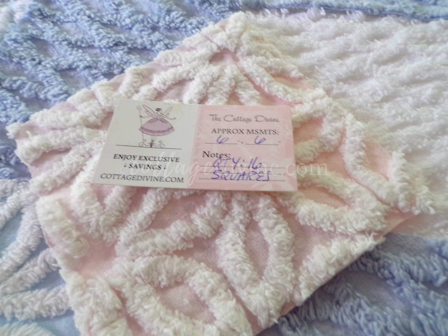 Fluffy Soft 6" Chenille Fabric Squares, Set of 16 Quilt Blocks, Pink, Blue & White Daisy Designs Cut from Vintage Chenille Bedspreads