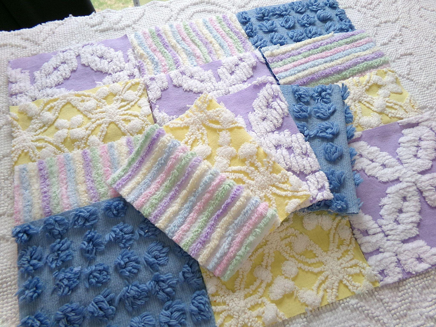 over the rainbow chenille fabric squares, set of 16 vintage quilt blocks 6" inches ea, dreamy serene blue, sunny yellow, soft lilac
