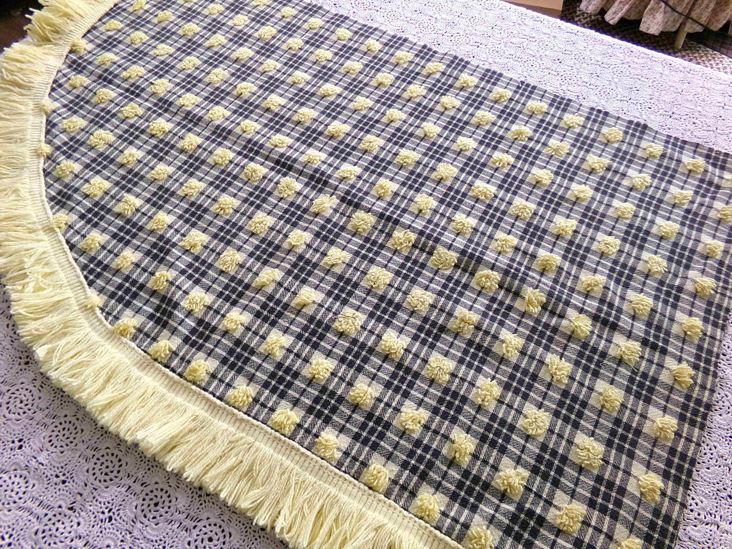 Retro Vintage Chenille Fabric, Bumblebee Black & Yellow Pops Piece, 17" x 25" inch Rounded with Accent Fringe