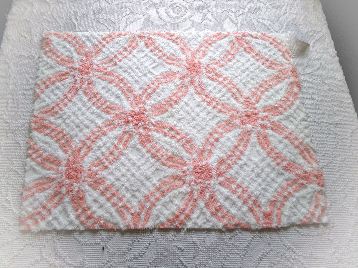 creamsicle peach & white chenille fabric piece, vintage cotton quilt material, wedding ring design, 18" x 23"