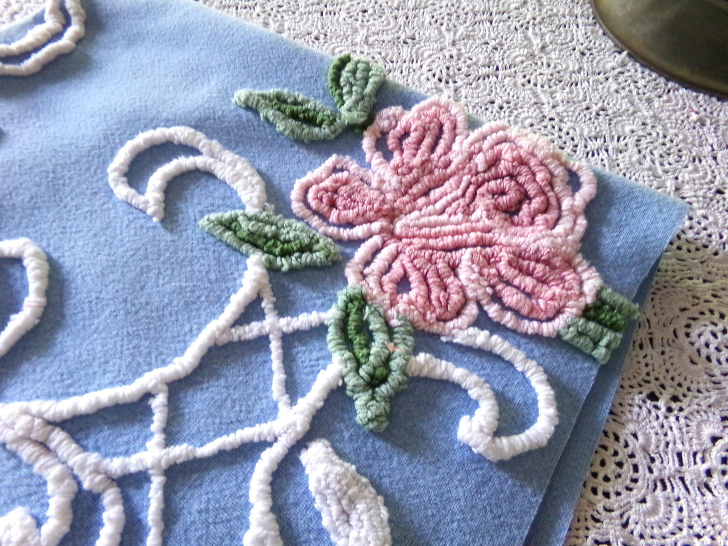 Romantic Pink Rose Vintage Chenille Fabric, 18" x 22" inch Piece, Blue Cotton Bkgd, Pretty for Pillow Covers or Quilting
