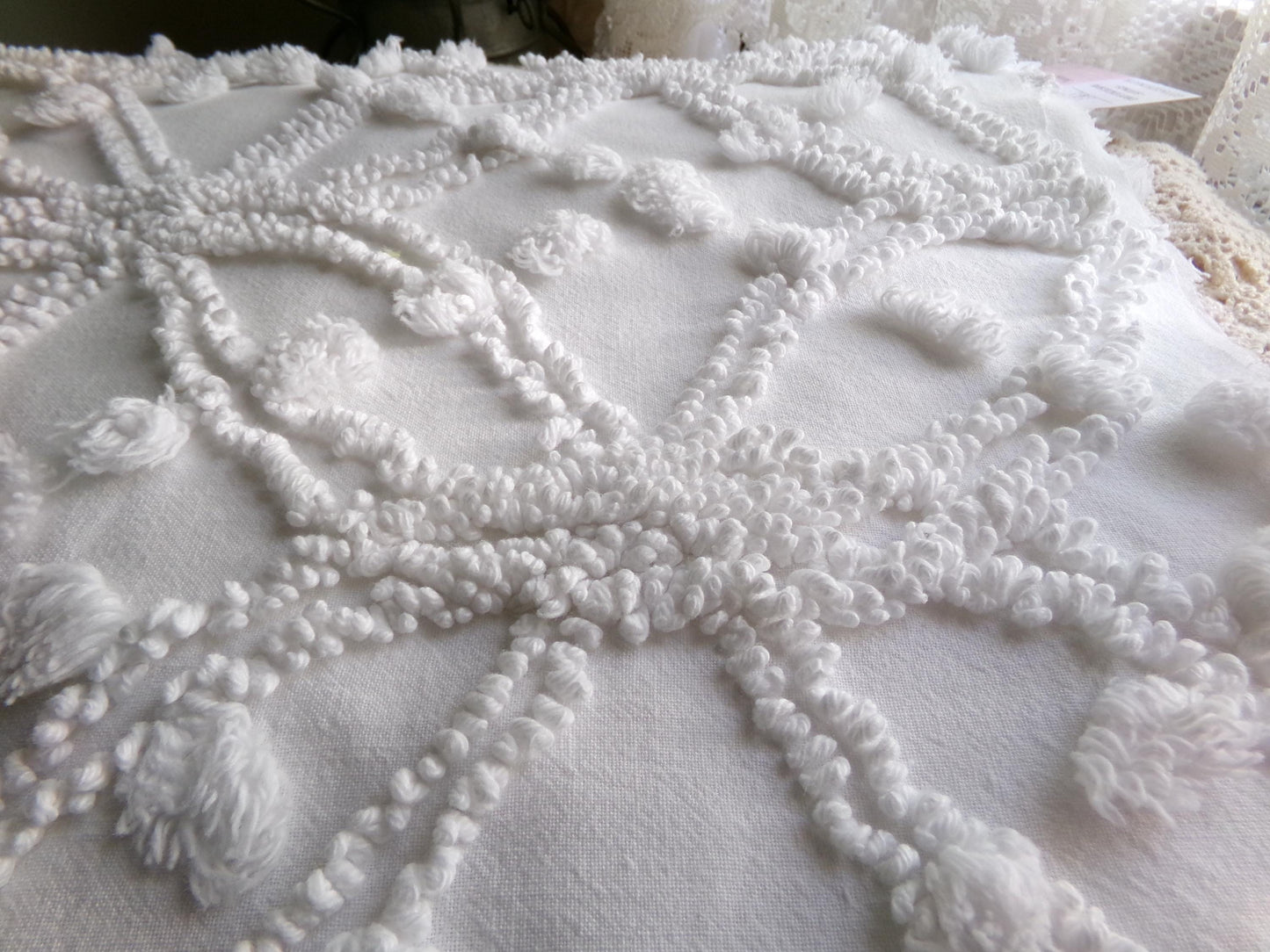 Traditional White Vintage Chenille Fabric in Classic Wedding Ring Pops Design, 20" x 25" Inch Piece, Versatile in Pillows, Quilts & Crafts
