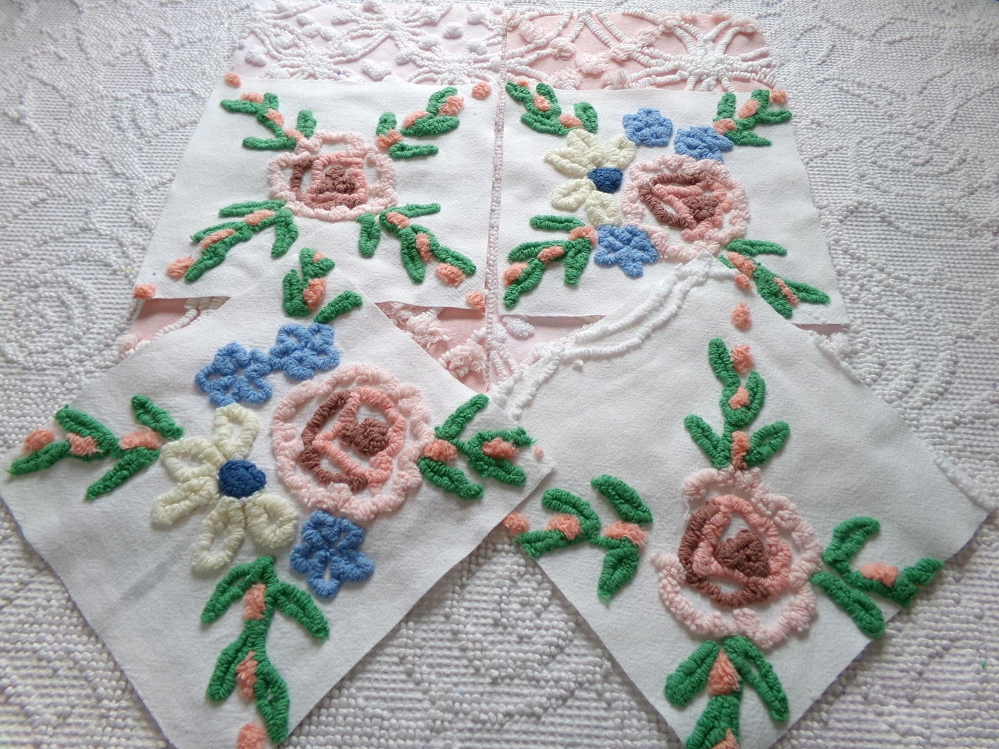 shabby fantasy florals chenille fabric squares, set of 8 vintage 7.5" quilt blocks, pink & white wildflowers for sewing, crafts, quilting