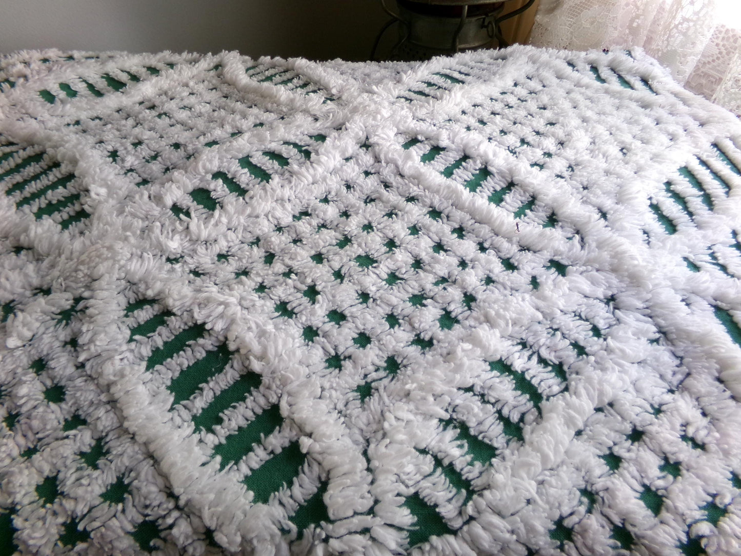Plush Lush Green & White Vintage Chenille Fabric, 18" x 26" inch Piece, Wedding Ring Design for Christmas Crafts, Pillows, Quilts