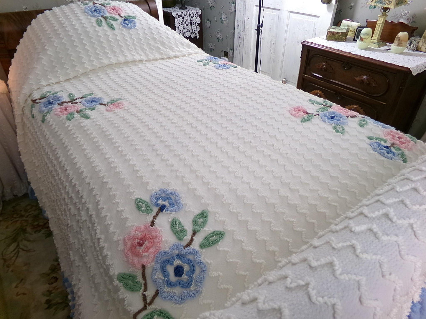 beach cottage seersucker vintage bedspread with tufted chenille zig zags, pink & blue flowers, ruffle accent, twin or full size bedding