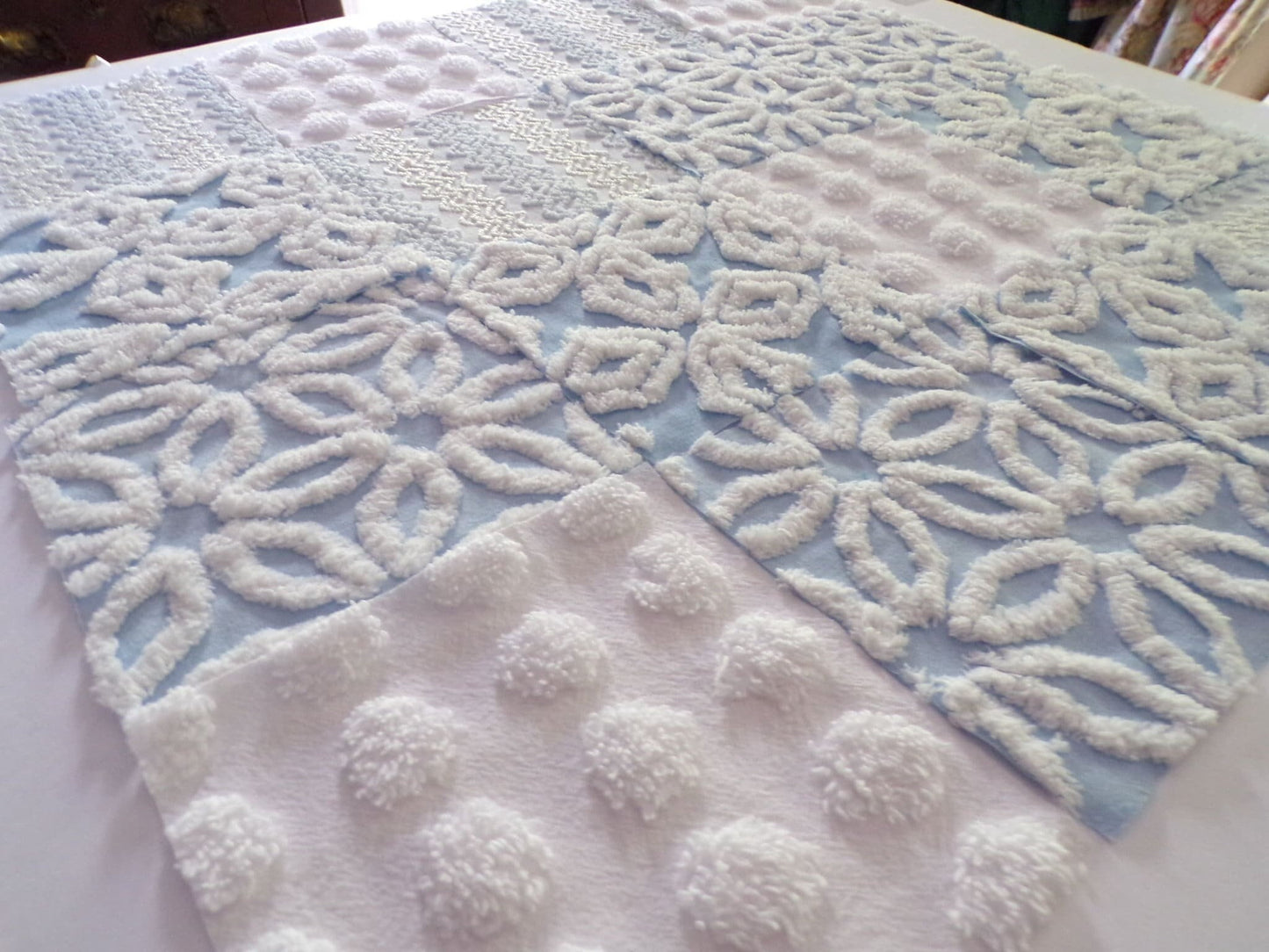 coastal winds vintage chenille fabric squares, set of 16 blue & white cotton 6" quilt blocks, nice texture for sewing, crafts, quilting