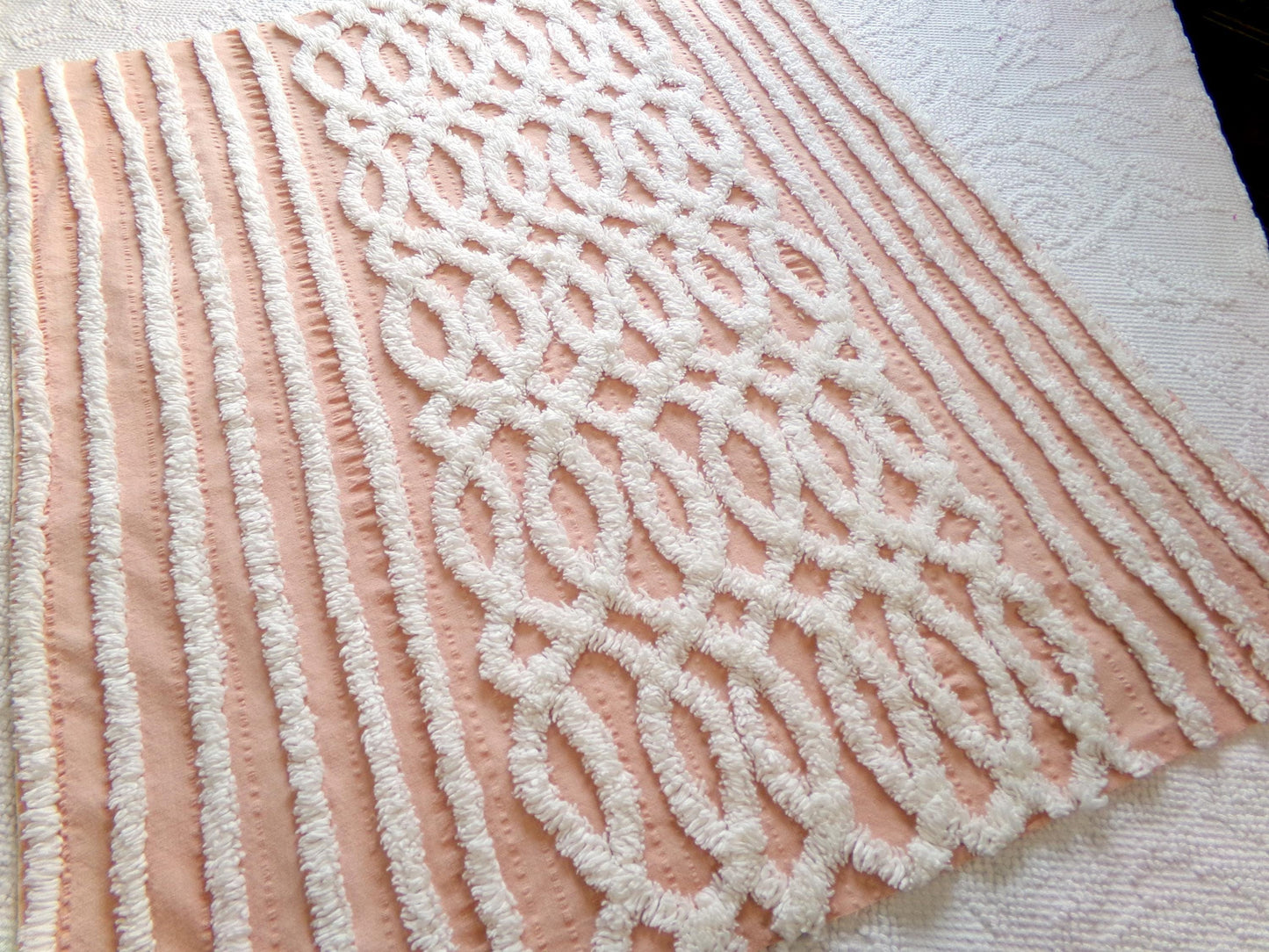 vintage chenille fabric: white geometric on peach cotton seersucker, 20" x 24" cut piece