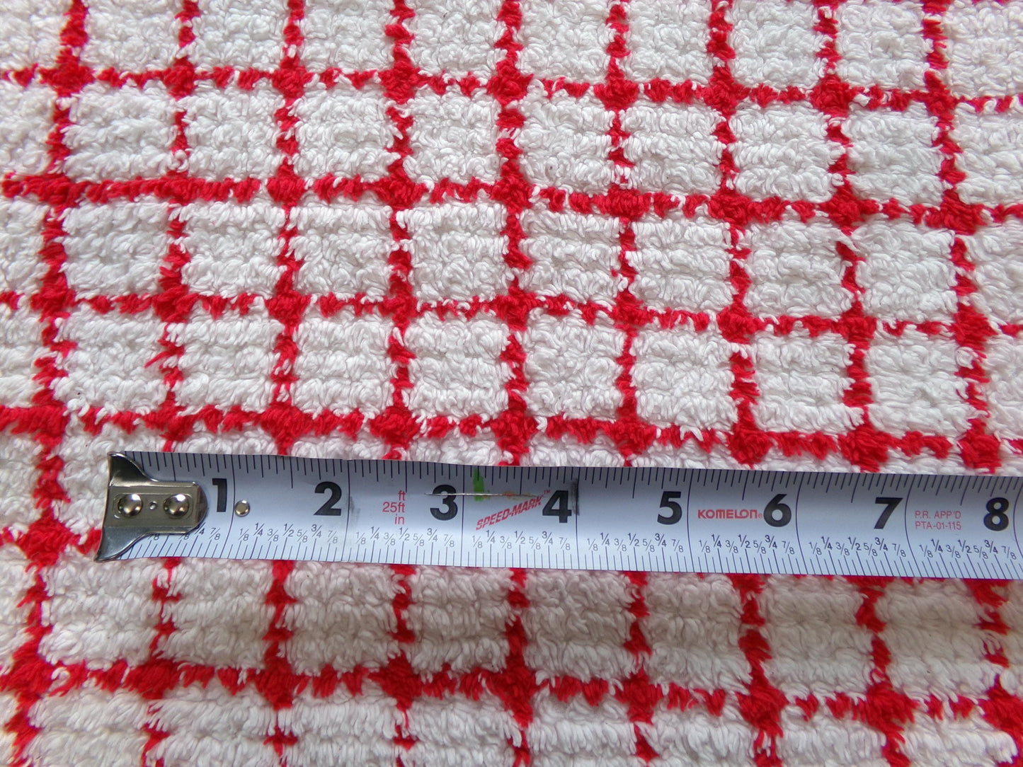 red & white cubes vintage chenille fabric, peppermint micro plaid pattern, 18" x 24" cut piece for xmas stockings, Christmas quilts