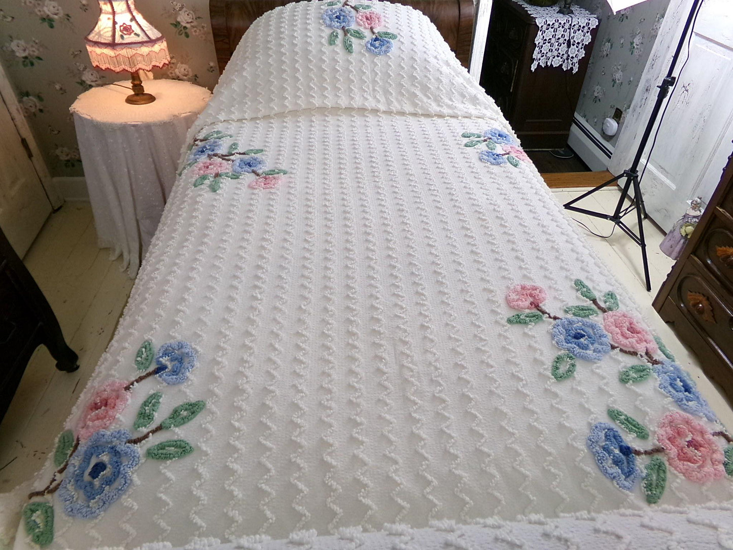 beach cottage seersucker vintage bedspread with tufted chenille zig zags, pink & blue flowers, ruffle accent, twin or full size bedding