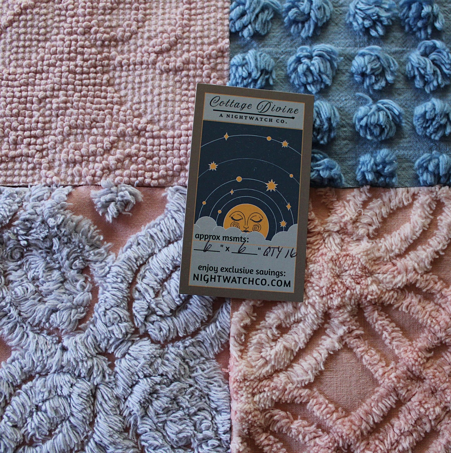 starry twilight chenille fabric squares, set of 16 vintage quilt blocks 6" inches ea, dreamy serene blue, rose mist, pink shades