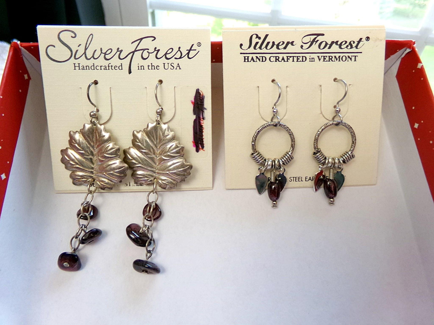 Vintage Lot Boho Earrings, 2 Pair Silver Forest Silvertone Pierced Dangle Earring, maple leaf & beads, small hoops w/ dangling feathers
