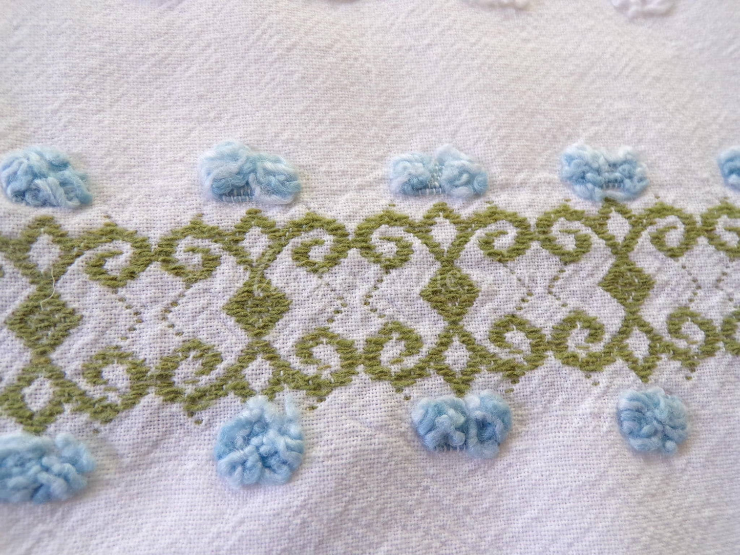 delicate vintage chenille fabric in abstract blue ivy rosebuds & white pops, 26" x 21" inch piece of quilt sewing material