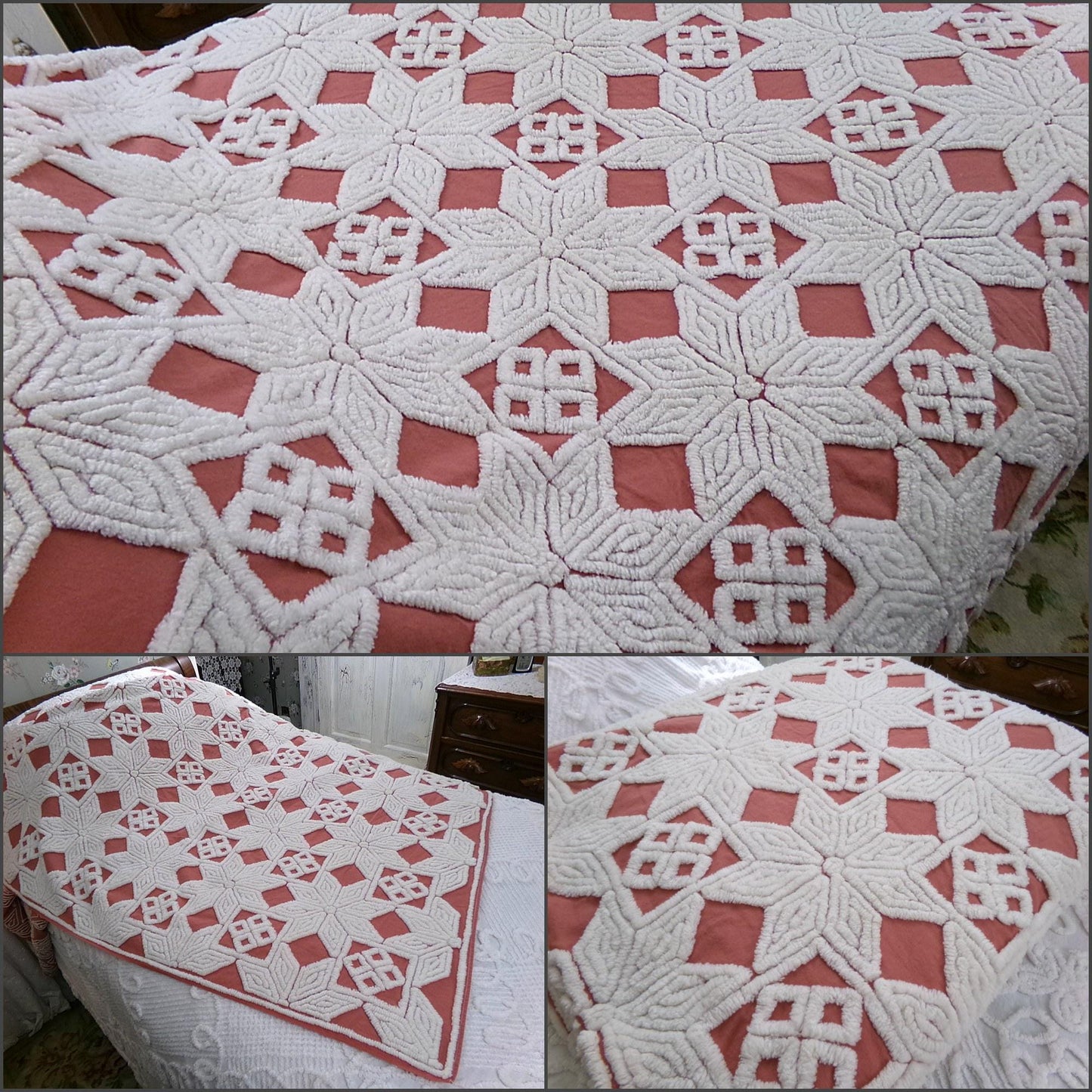 Modern Boho Terracotta Chenille Bedspread, Rustic Eight Point Star Vintage Quilt Style Design, Full Size Country Bedding