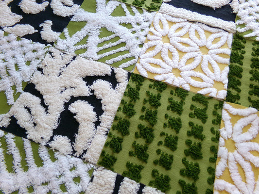 bewitching vintage chenille fabric squares, set of 16 black, green & gold 6" quilt blocks for crafts, sewing, diy pillow covers