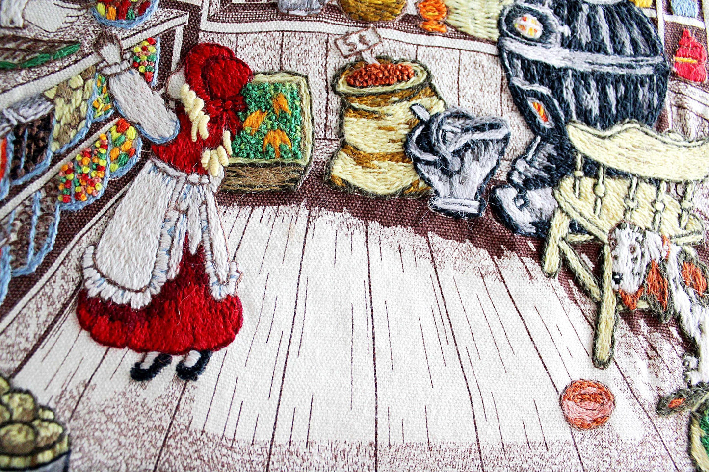 Old-Fashioned Country Store Crewel Embroidery Piece, "Penny Candy"" Completed Stitchery, Vintage Paragon Needlecraft, Outstanding Needlework