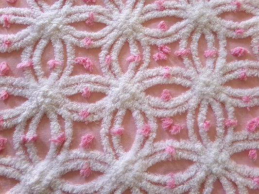 perfectly pink chenille fabric, white tufted wedding rings & sprinkle pops, 18" x 24" inch piece cut from vintage chenille bedspread