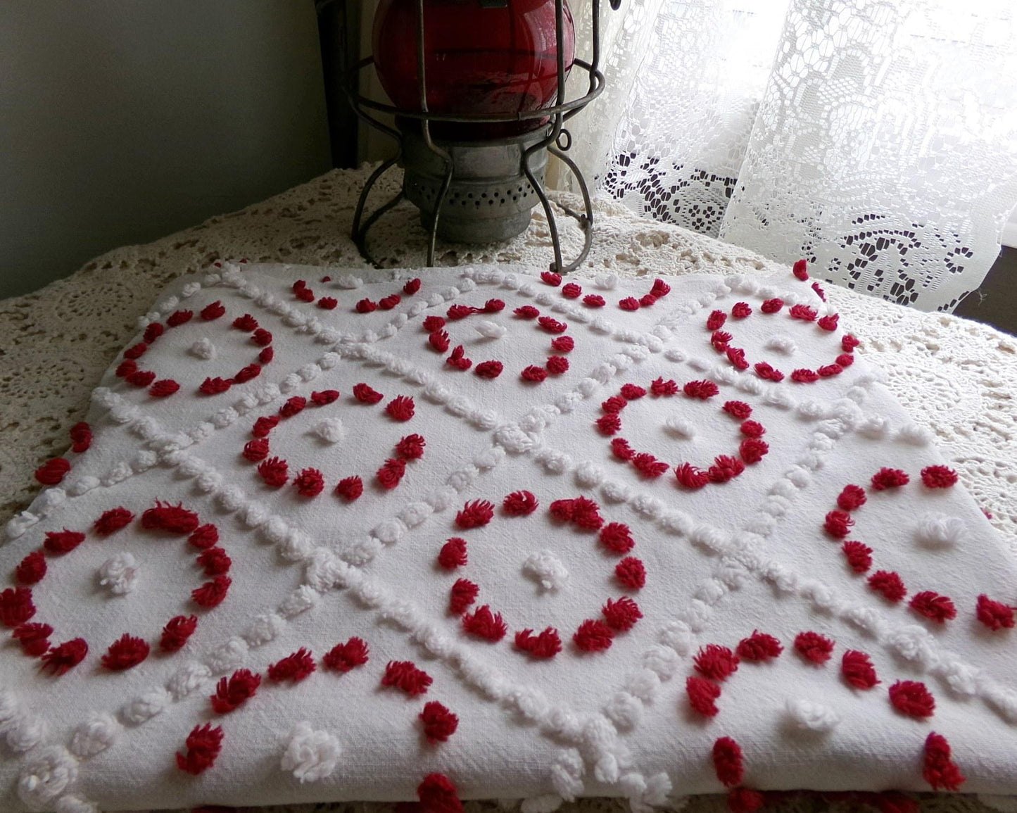 ruby red rings in white diamonds vintage chenille fabric, charming antique handtufted 20"x 25" inch piece of sewing & quilt material