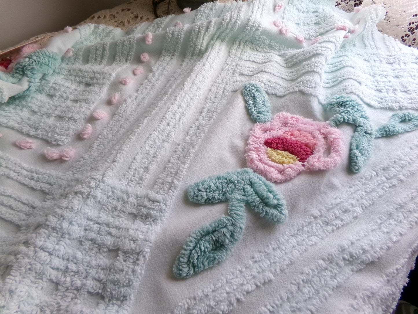 Rose Aqua Mist Vintage Chenille Fabric, 25" x 24" Piece, 100% Lightweight Cotton, Lovely Simple Floral Geometric Design