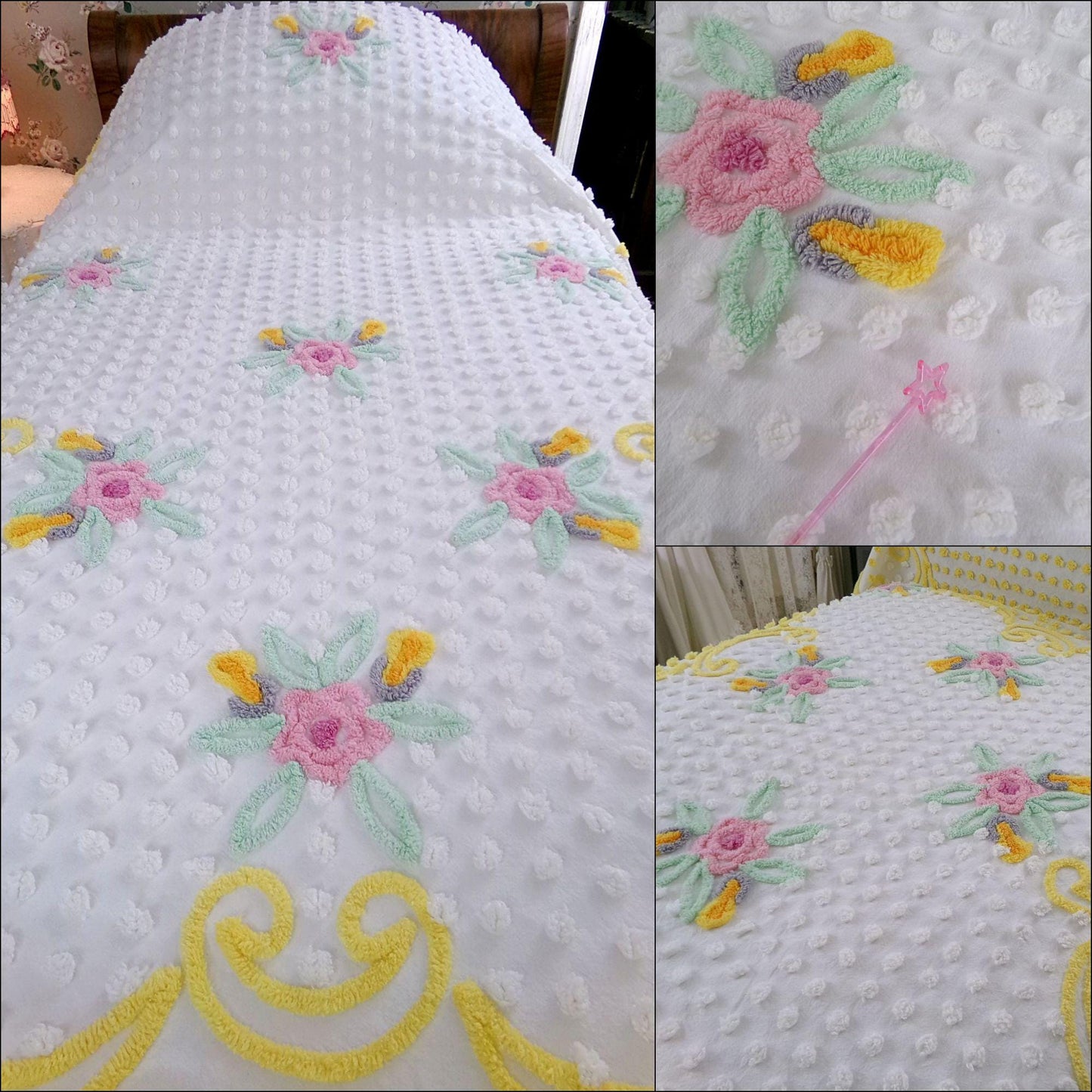 cottage charm vintage chenille bedspread, summer flowers, white dots & golden yellow accents, full size bedding