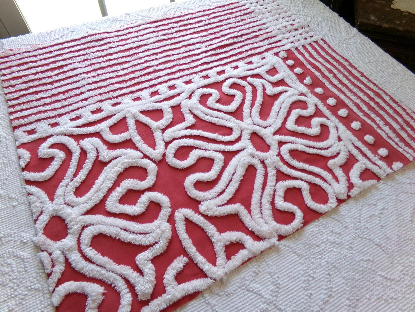 cherry red & white vintage chenille fabric, victorian scroll stripe design, 20" x 24" cut piece of craft, sewing, pillow, quilt material