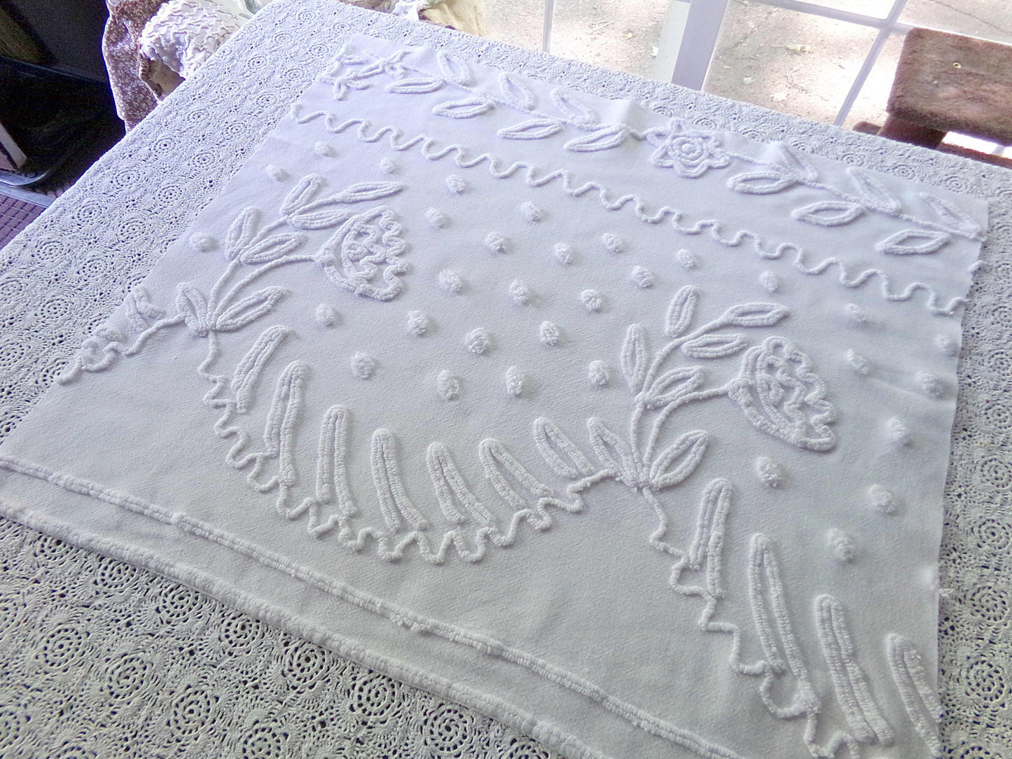 Farmhouse Floral White Vintage Chenille Fabric, 20" x 23" inch Piece, Timeless & Elegant