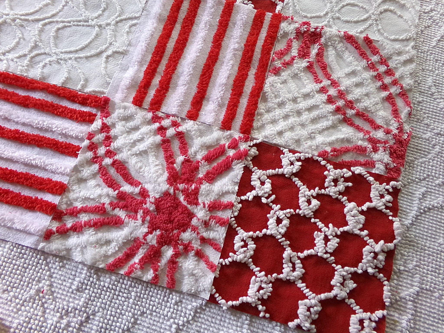 candy canes chenille fabric squares, red & white vintage craft square set of 16 blocks, 6" x 6" inch, great for Christmas stockings