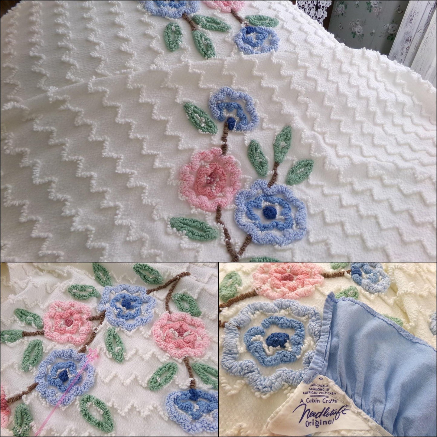 beach cottage seersucker vintage bedspread with tufted chenille zig zags, pink & blue flowers, ruffle accent, twin or full size bedding