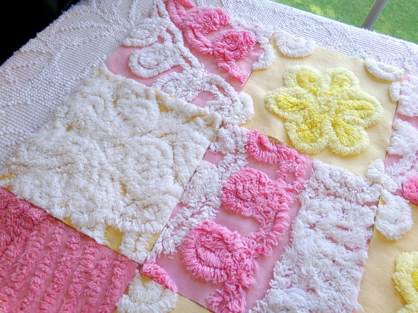 vintage 6" chenille fabric squares, set of 16 pink yellow quilt blocks, sugar & sunshine