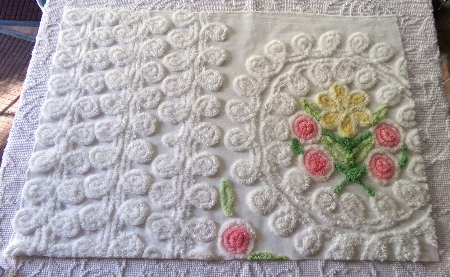 sculpted wedding cake vintage chenille fabric, lovely bridal white curlicues & rosette florals, 19" x 27" inch piece cotton sewing material