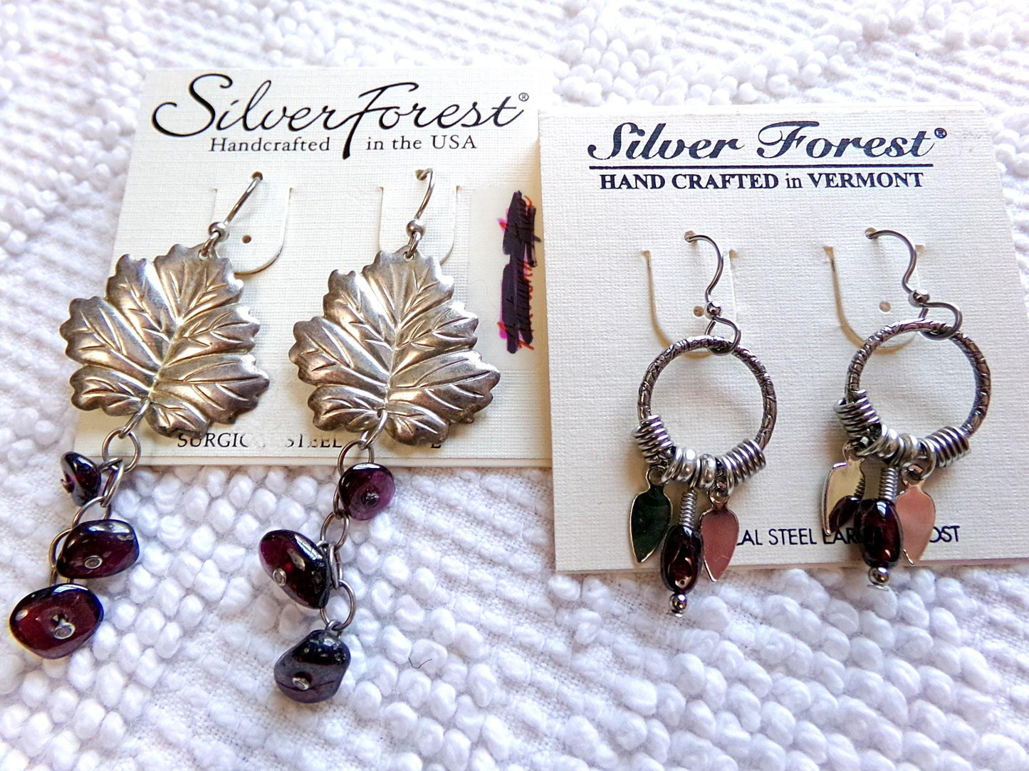 Vintage Lot Boho Earrings, 2 Pair Silver Forest Silvertone Pierced Dangle Earring, maple leaf & beads, small hoops w/ dangling feathers