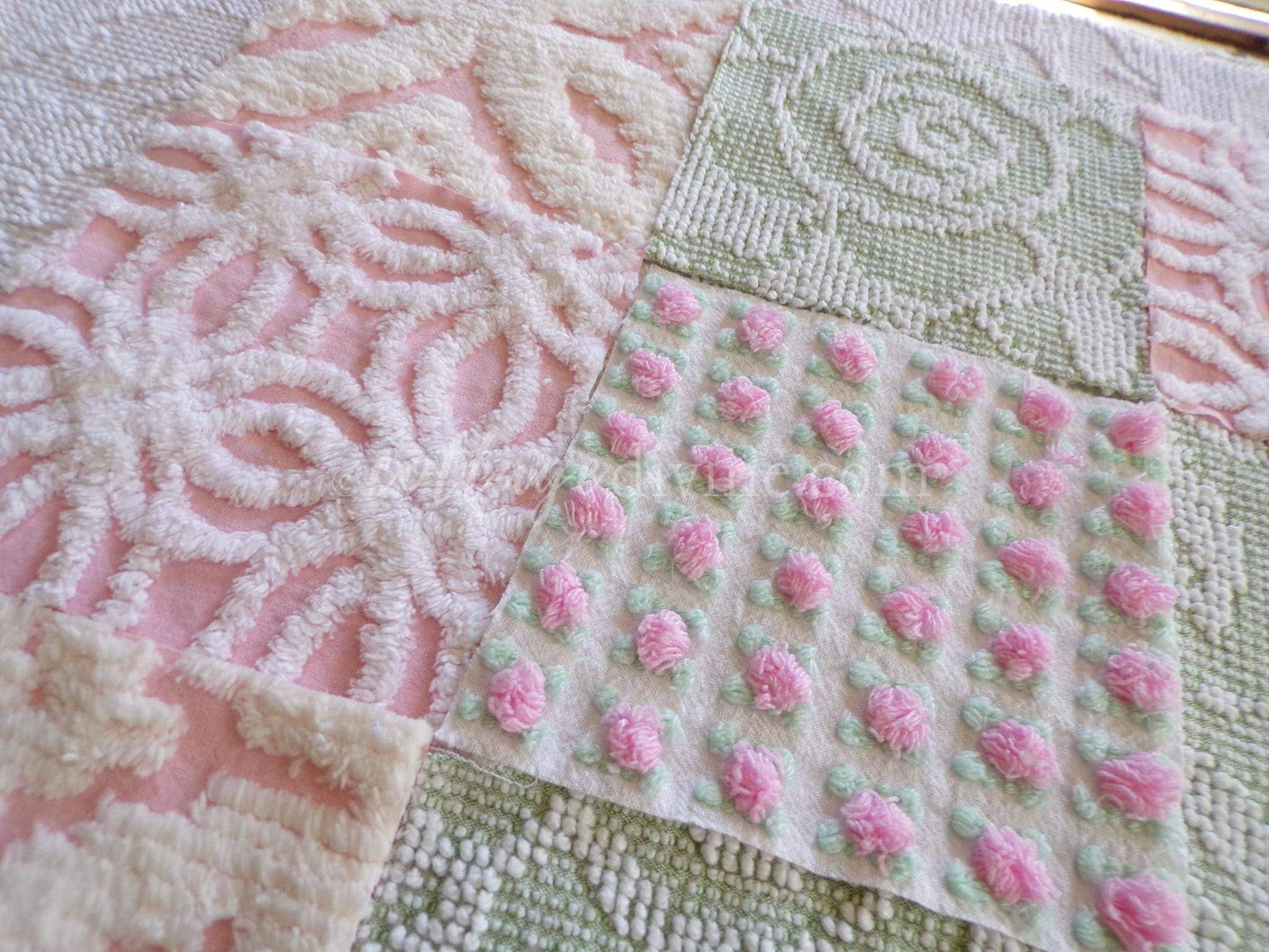 vintage 6" chenille fabric squares, set of 16 quilt blocks in rose bloom pink, sage green & white geometric and floral prints