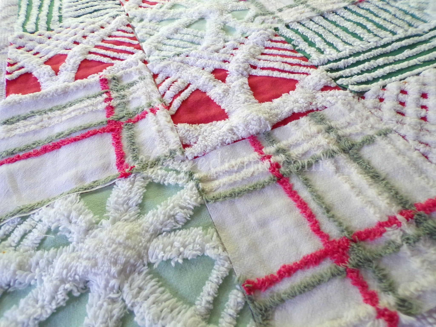 Christmas Quilt Squares Set, Rotary Cut from Vintage Chenille Bedspread Fabric, 16 Blocks, 6" x 6" inch, Traditional Red, Green & White
