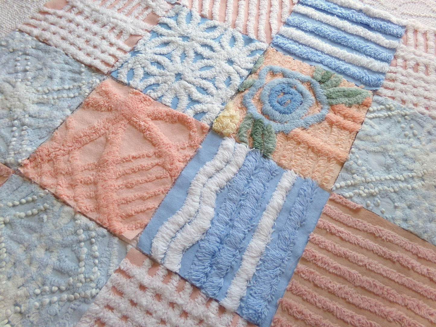 chenille 6" fabric squares, blue, peach & white plush quilt blocks, rotary cut from vintage chenille bedspreads, set of 16