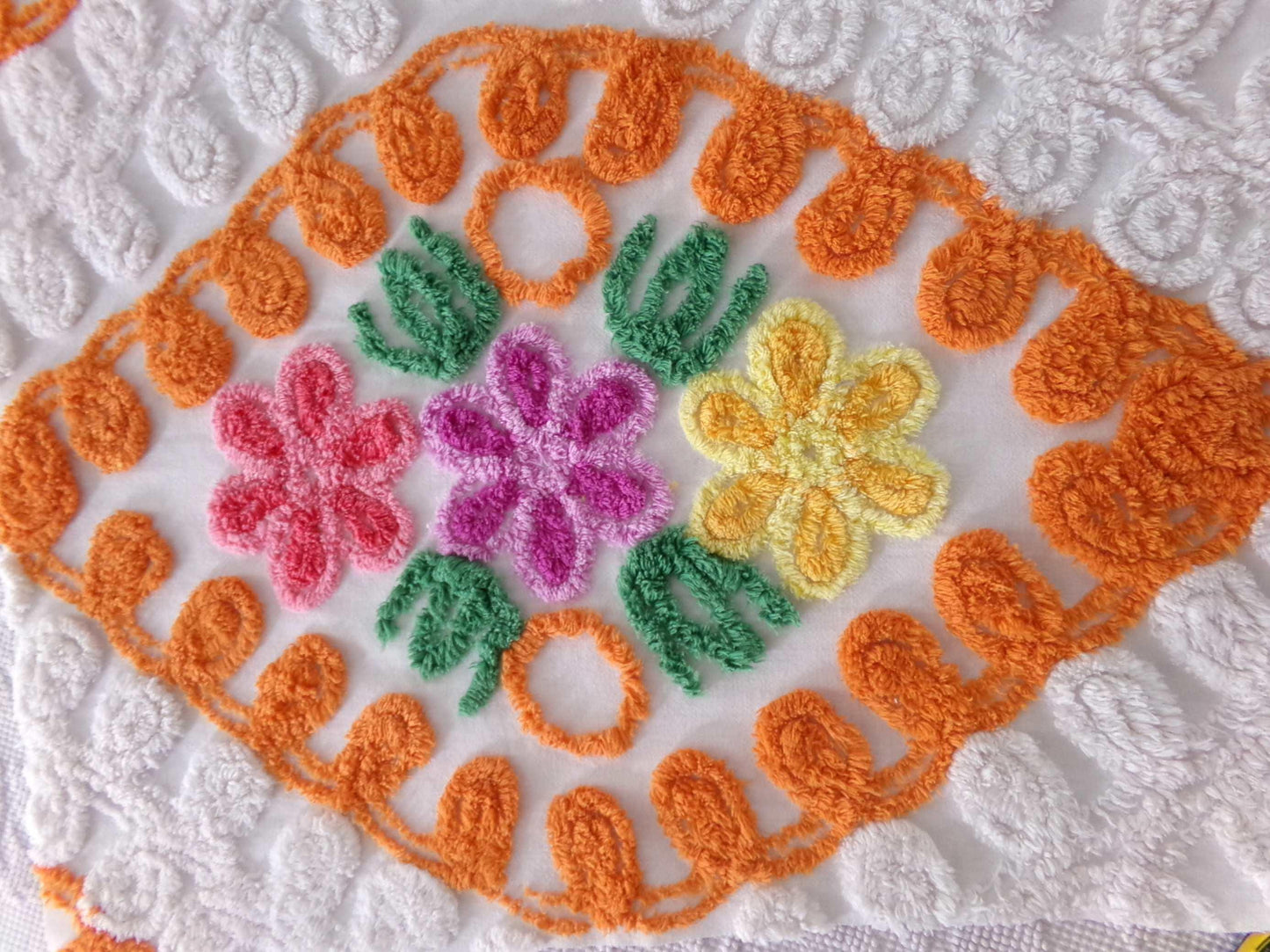 Vintage Chenille Bedspread Quilt Fabric Plush Citrus Orange Swirls & Flowers, 22" x 20" inch piece, Unique Design