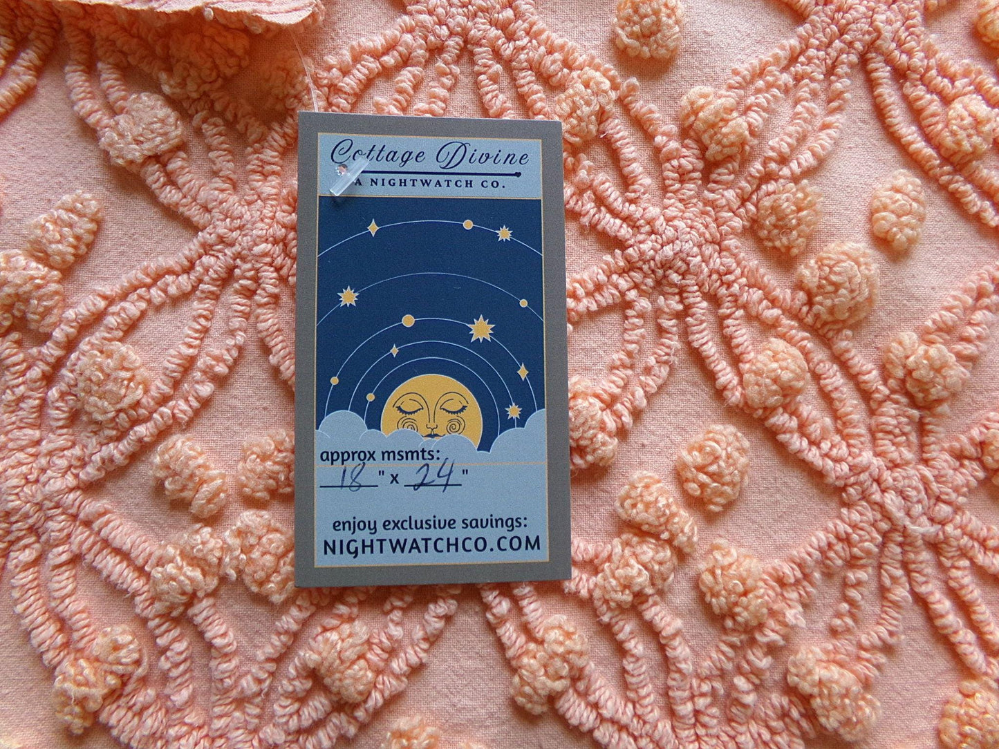 delicious peach vintage chenille fabric, 18" x 24" inch piece of cotton quilt & sewing material, overtufted pops wedding ring design