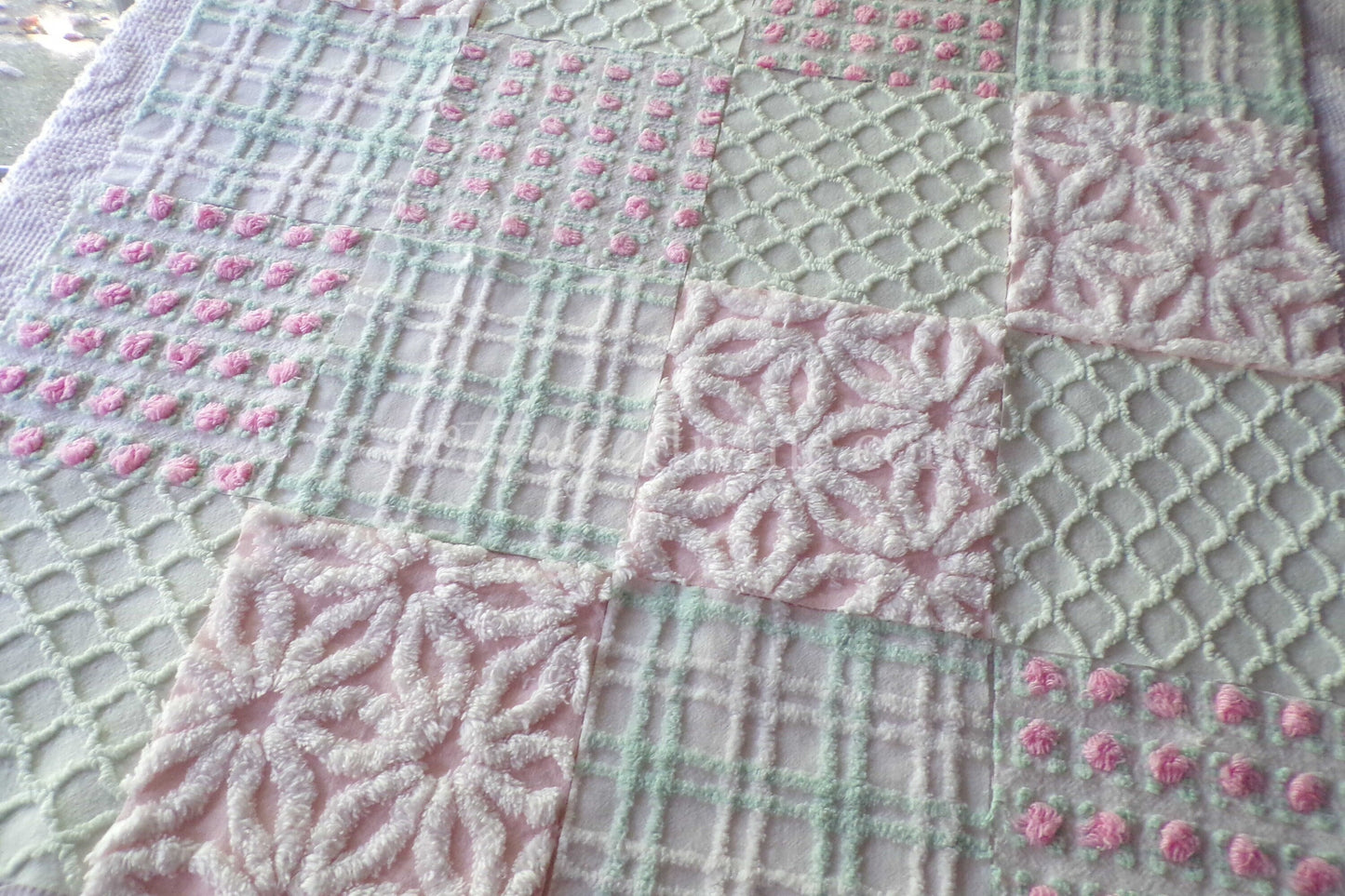 Picnic Time Chenille Quilt Squares Set from Vintage Bedspread Fabric, 16 Blocks, 6" x 6" inches each, Pretty Green, White, Pink Rosebud