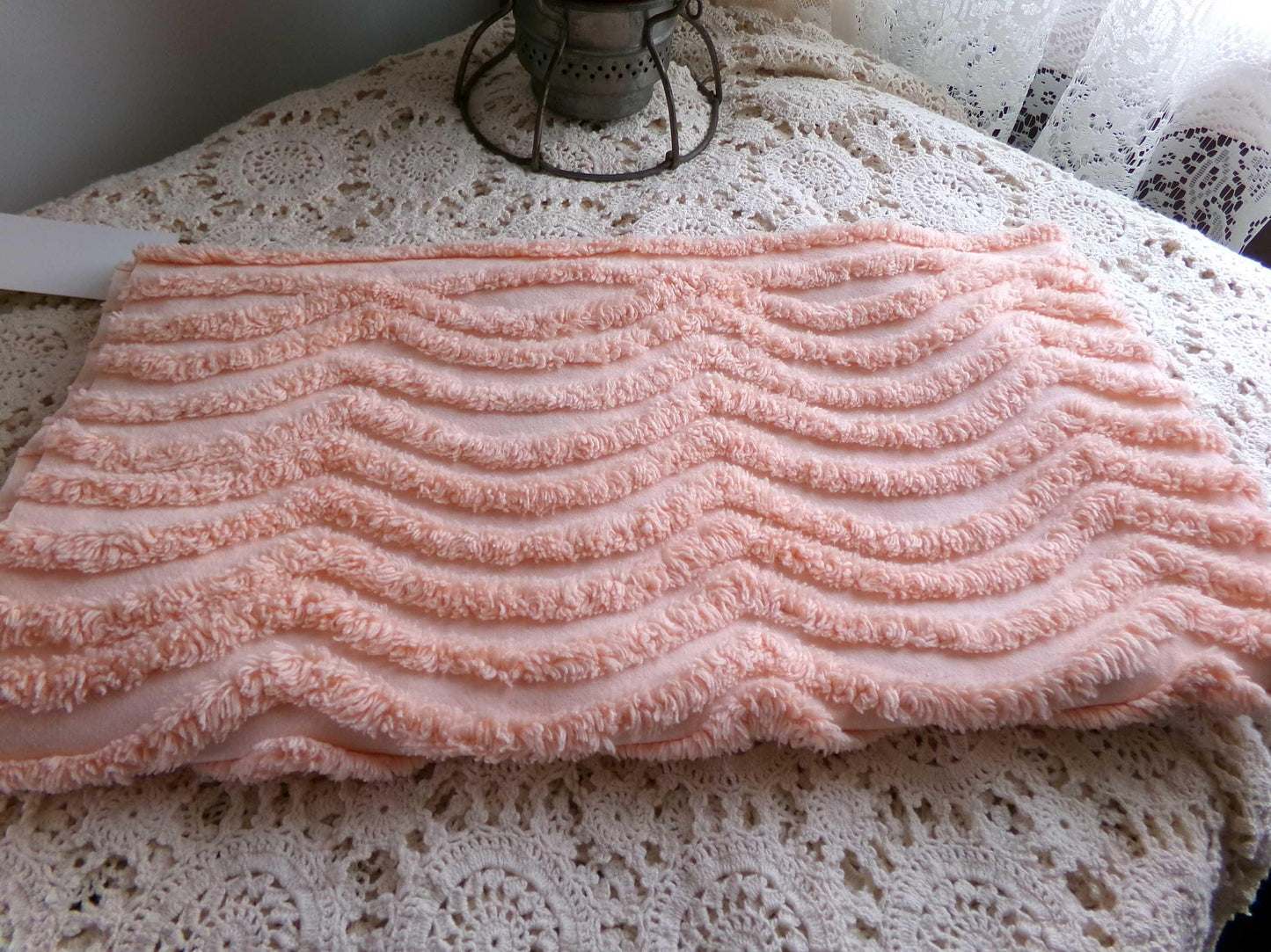 swirling peach waves vintage tufted fabric, 17.5" x 32" inch piece, plush chenille texture, sewing material for quilts, pillows
