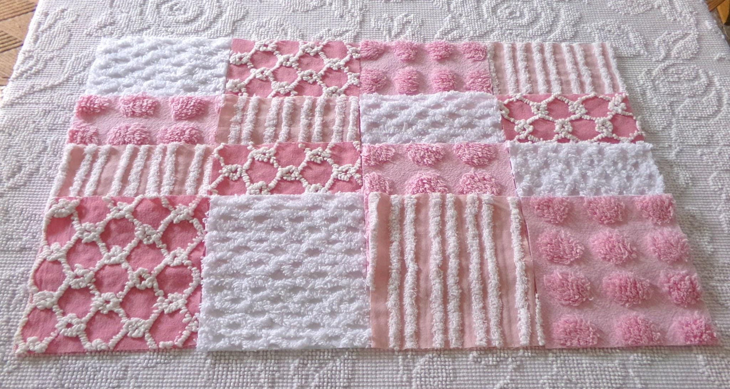 fun pink vintage chenille fabric squares, set of 16 quilt blocks, 6" x 6" inch, textured material ideal for rag quilts & patchwork pillows
