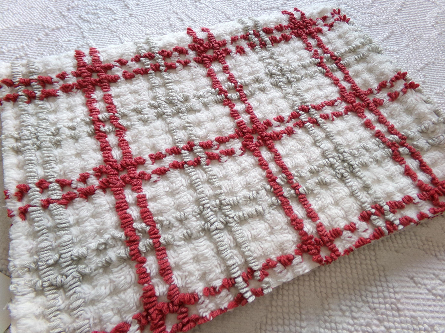 Preppy Plaid Vintage Chenille Fabric, Maroon & Grey Needletufting on White Grid, 18" x 23" inch Piece, 100% Cotton