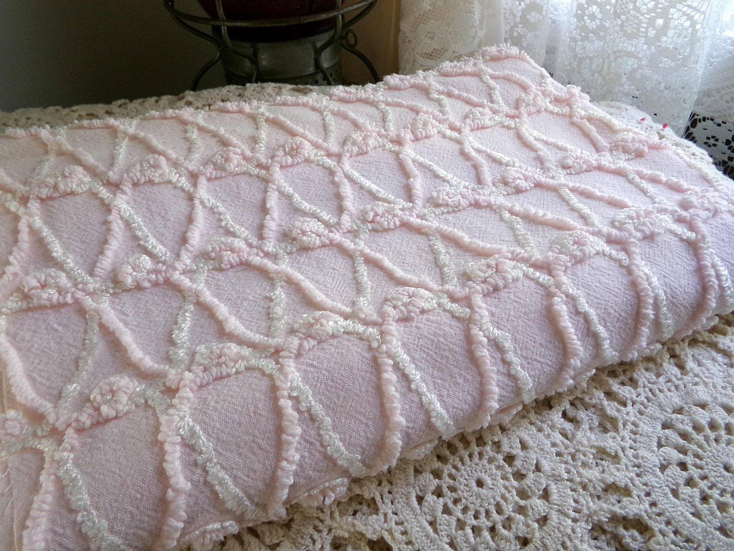 Eternity Knots Vintage Chenille Fabric Material, 19" x 26" inch Piece, Lovely Feminine Pastel Pink & Iridescent Vanilla Cream
