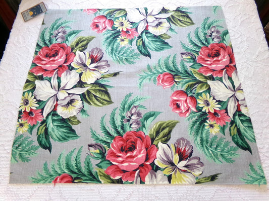 Silver Grey Botanical Vintage Barkcloth Fabric, Tropical Exotic Floral Print, 22" x 24" inches, Ideal Fabric Piece for Pillows