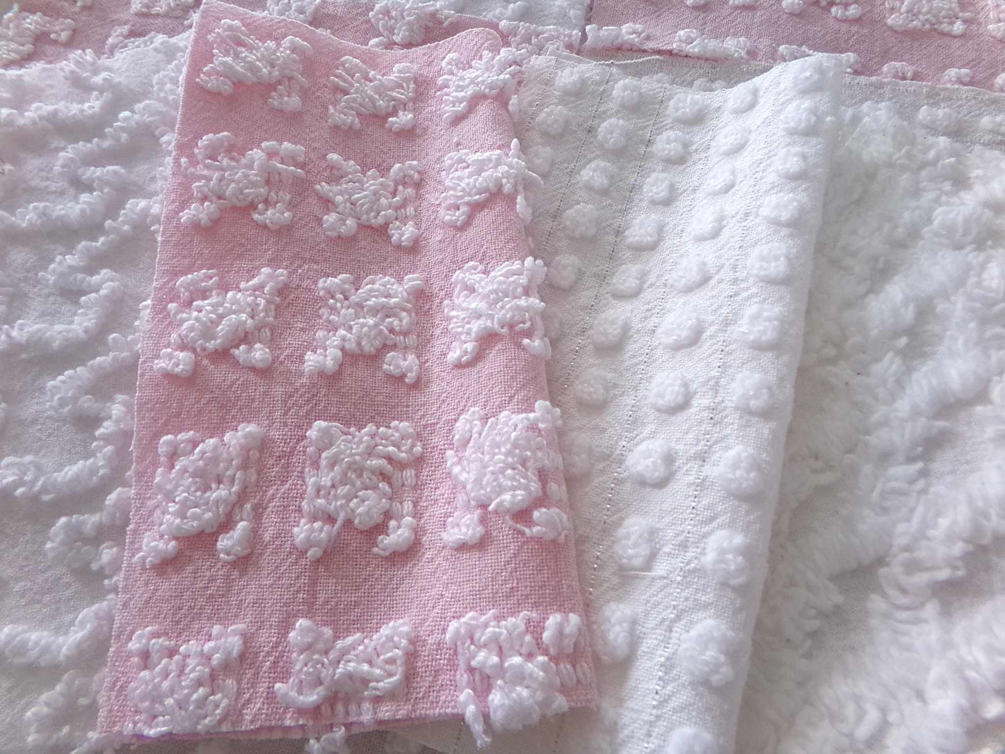 angel feathers chenille fabric squares, pink & white rosebud, lattice, dots, squiggles, vintage square set of 16 quilt blocks, 6" x 6" inch