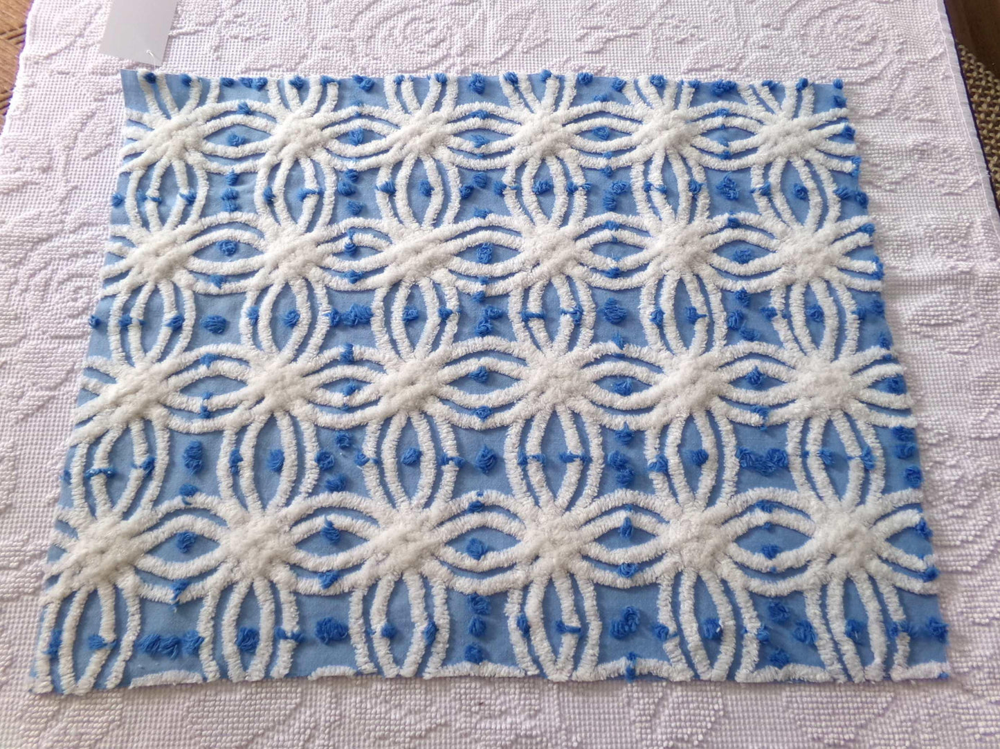 coastal chic blue vintage chenille fabric, white tufted spider rings & little pops, 24" x 18" inch piece
