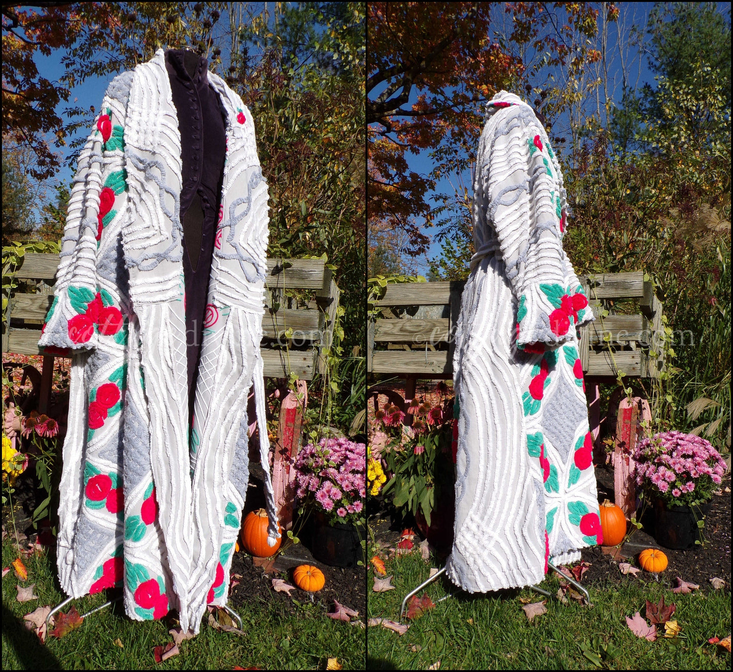 Plus Size Chenille Robe "Lovey Dovey" Red Roses Dove Grey Bathrobe Upcycled from WWII Era Vintage Chenille Bedspread, 1X, 2X Large