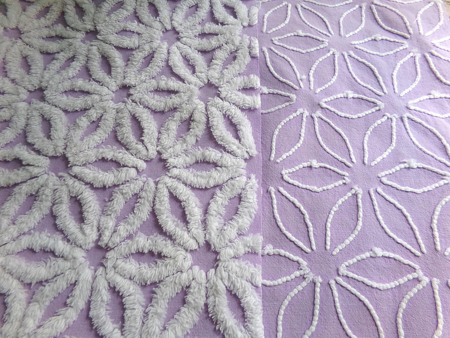 Spring Lavender Vintage Chenille Fabric in Lilac Purple & Fluffy White Daisy, 19" x 25" inch Piece, Lovely in Quilts
