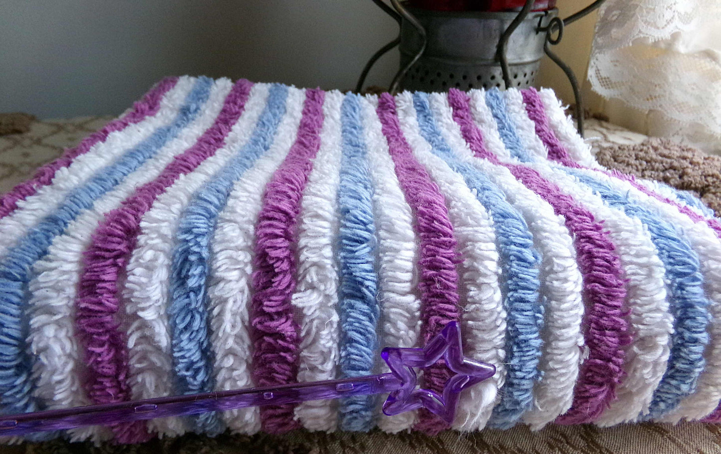 Blue Raspberry Striped Vintage Chenille Fabric, 18" x 24" Piece, Soft Plush Stripes