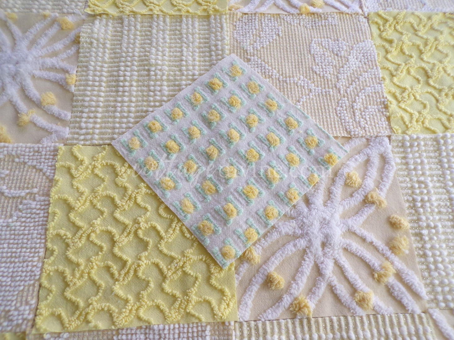 Cheerful Chenille Quilt Squares Set from Vintage Bedspread Fabric, 17 Blocks, 6" x 6" inch, Sunny Yellows